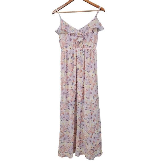 Lovesome Ruffle Floral Maxi Dress Purple Multi Size L - Picture 1 of 6